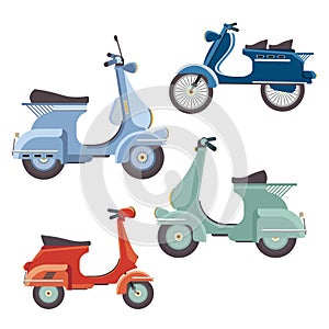 Retro scooter. Side view. Detailed image of an old motorcycle. Moped vector illustration isolated on white.