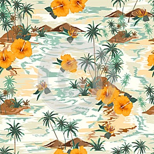 Retro seamless island pattern Landscape with palm treeshibicus,flowers,beach and ocean vector hand drawn style