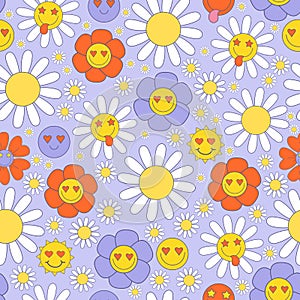 Retro Seamless nostalgia pattern with 70s, 80s, 90s vibes groovy elements. Stickers cartoon funky flower power, daisy