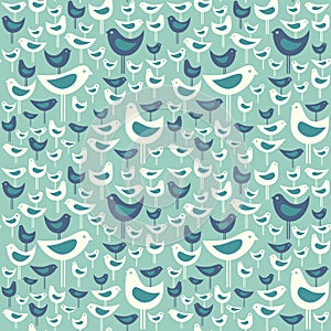 Retro seamless pattern of cute mid century modern birds