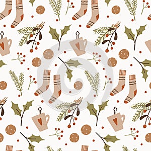 Retro seamless pattern with fir tree branches, socks, twigs, berries, cocoa cup and cookies.