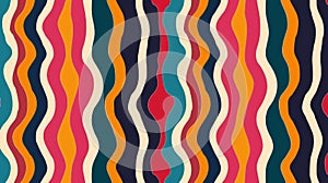 The retro seamless pattern has color vertical stripes, lines, and curls