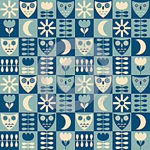 Retro seamless pattern with owls, sun and moon. Geometric checkered print for tee, paper, textile and fabric. Floral background