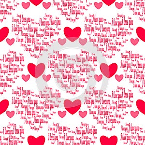 Retro seamless pattern. Pink hearts and i love you on white background