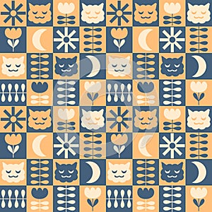 Retro seamless pattern with sleepy cats faces, sun and moon. Geometric checkered print for tee, paper, textile and fabric. Floral