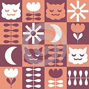 Retro seamless pattern with sleepy cats faces, sun and moon. Geometric checkered print for tee, paper, textile and fabric. Floral