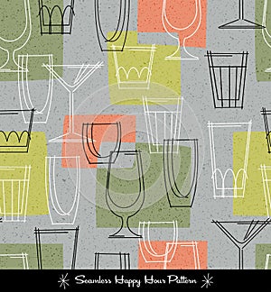 Retro seamless pattern of various outlined cocktail glasses.