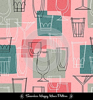 Retro seamless pattern of various outlined cocktail glasses.