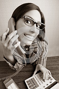 Retro secretary wide angle humor telephone woman photo