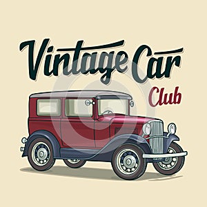 Retro sedan. Side view. Classic Car Club lettering. Flat illustration