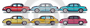 Retro sedans different colors side view, collection classic cars, vintage vehicles isolated white