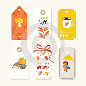 Retro set of cute autumn, fall gift tags and labels with hedgehog, bird, oak leaves and coffee. Isolated vector