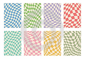 Retro set of groovy wavy psychedelic checkerboard in pale pastel colors, A4. Y2K, phone case background from the 90s. Hippie