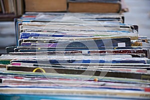 Retro set of vinyl records in cases, for listening on vinyl player