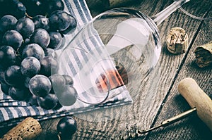 Retro setting with empty wine glass and grapes