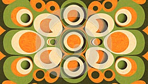 Retro seventies 70\'s style artistic background poster in warm orange, yellow and green colors. AI Generative.