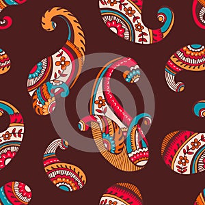 Retro Seventies ColorfulFlower Power Hand-Drawn Paisley Vector Seamless Pattern