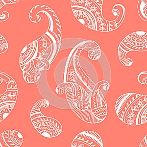 Retro Seventies Flower Power Hand-Drawn Paisley Outline Vector Seamless Pattern