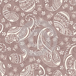 Retro Seventies Monochrome Hand-Drawn Paisley Vector Seamless Pattern