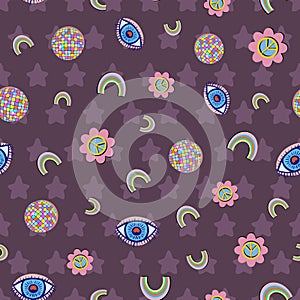 Retro seventies seamless vector pattern on purple background