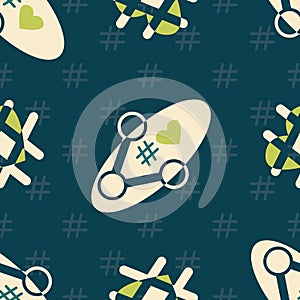 Retro share icon, hashtag, heart seamless vector pattern background. Social media infographic backdrop. Internet symbol