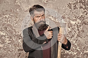 Retro shaving. Bearded man hold sharp axe. Retro razor blade. Brutal hipster abstract background. Retro barbershop