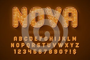 Retro show alphabet design, cabaret, LED lamps letters and numbers