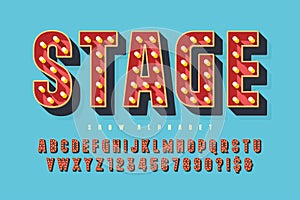 Retro show alphabet design, cabaret, LED lamps letters and numbers.