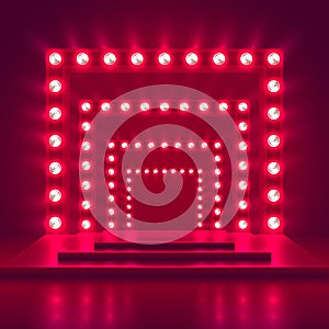 Retro show stage with light frame decoration. Game winner casino vector background