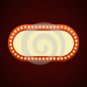 Retro Showtime Sign Design. Cinema Signage Light Bulbs Frame and Neon Lamps on brick wall background.