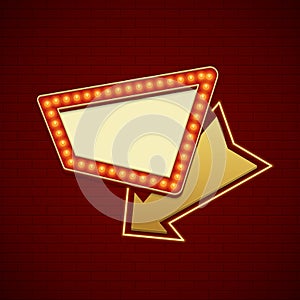 Retro Showtime Sign Design. Cinema Signage Light Bulbs Frame and Neon Lamps on brick wall background.