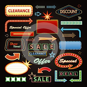 Retro Showtime Signs Design Elements Set. Bright