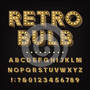 Retro sign alphabet. 3D vintage light bulb type letters and numbers.