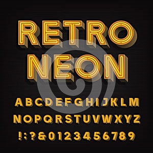 Retro sign alphabet. 3D vintage neon letters and numbers. Signboard font.