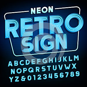 Retro sign alphabet. Blue neon tube type letters and numbers.