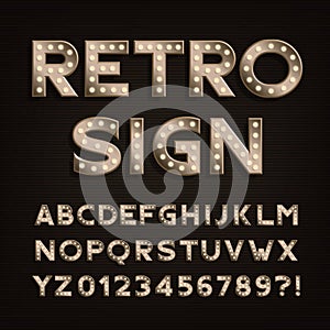 Retro sign alphabet. Vintage light bulb type letters and numbers.