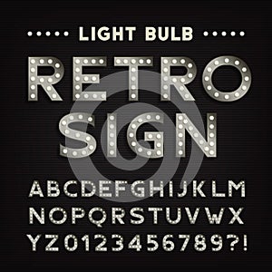 Retro sign alphabet. Vintage light bulb type letters and numbers.