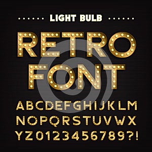 Retro sign alphabet. Vintage light bulb type letters and numbers. Signboard font.