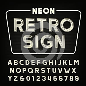 Retro sign alphabet. Vintage neon tube type letters and numbers.