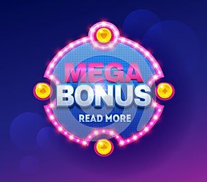 Retro sign with lamp Mega Bonus banner. Vector illustration design with poker, slot machines, playing cards, slots and