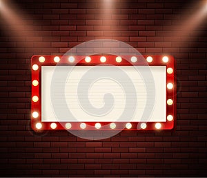 Retro signboard with lights. Advertising banner on brick wall. Show or circus advertising. Vector illustration