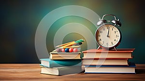 Retro silver alarm clock, books on a wooden table, blurred green school board background with copy space, back to school concept,