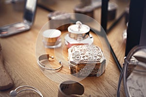 Retro silver box put on a dressing table