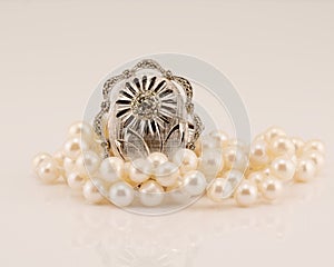 Retro Silver Marcasite Broach Amongst Lustrous Pearls