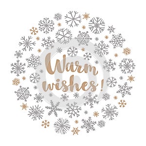 Retro simple Christmas card with golden snowflakes on white background. Winter snowflakes in circle shape with lettering