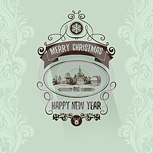 Retro simple vintage Merry Christmas greeting card with Happy New Year