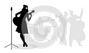 Retro singer woman guitarist silhouette with musicians