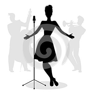 Retro singer woman silhouette with musicians in the background