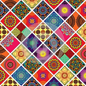 Retro Sixties Colorful Bohemian Hippie Mandala Patchwork Pattern