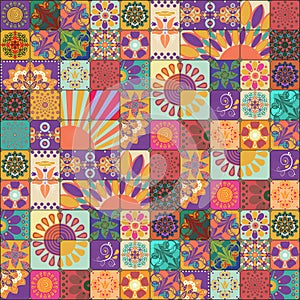 Retro Sixties Hippie Bohemian Flowers Colorful Patchwork Pattern